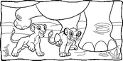 coloriage simba et nala jouent entre les pattes des elephants